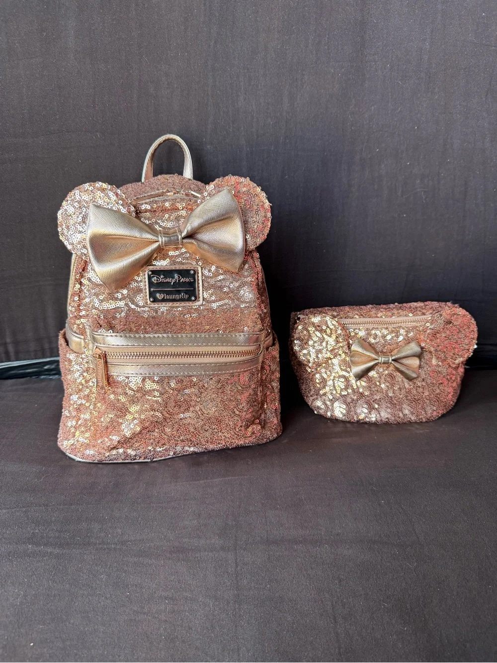 Loungefly Rose Gold Sequin Mini Backpack and Pouch Set